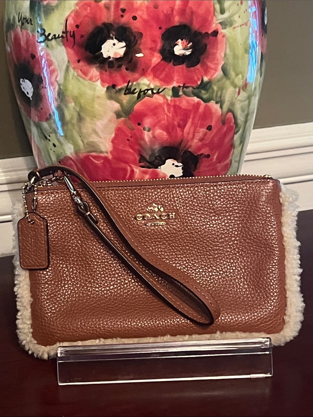 Coach Pebbled Leather Wristlet with Shearling Trim - Tan